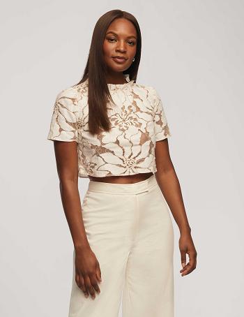Anne Klein Floral Embroidered Lace Cropped Blouse Tops White | TSGPQ84849