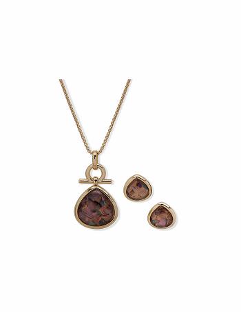 Anne Klein Abalone Teardrop Earring & Necklace Set Earrings Gold | QSGWA44058