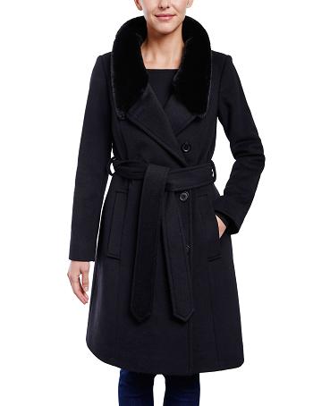 Anne Klein Belted Wrap Wool Coat With Fur Collar Outerwear Black | SSGVO74900