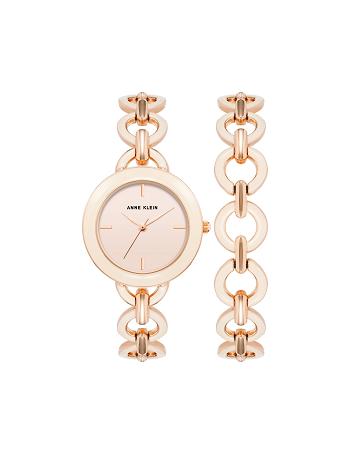 Anne Klein Boyfriend Circular Link Bracelet Watch Sets Pink / Pink / Rose / Gold | SGNZX73060