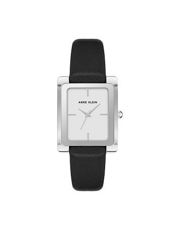 Anne Klein Case Leather Band Watch Rectangular Black / Silver | FSGHY93596