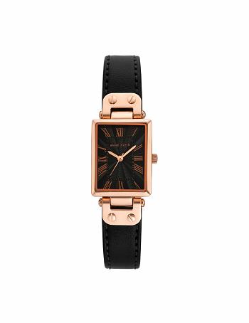 Anne Klein Case Leather Strap Watch Rectangular Black / Rose / Gold | ASGDF35169