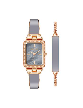 Anne Klein Case Watch and Bracelet Set Rectangular Grey / Rose / Gold | SGJVR58541