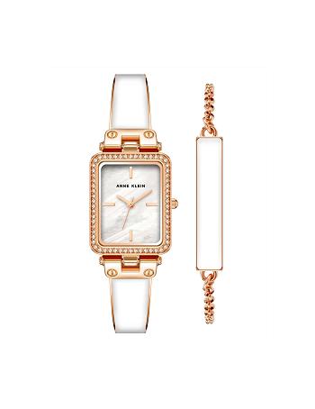 Anne Klein Case Watch and Bracelet Set Rectangular White / Rose / Gold | XSGGW30959