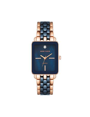 Anne Klein Ceramic Diamond Dial Watch Rectangular Navy / Rose / Gold | SGCIF53888