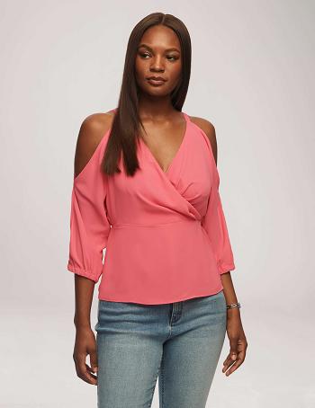 Anne Klein Cold Shoulder Crossover Peplum Blouse Tops Pink | FSGHY18508