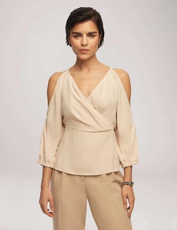 Anne Klein Cold Shoulder Crossover Peplum Blouse Tops Beige | SGZDE12909