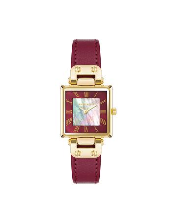 Anne Klein Considered Solar Square Leather Strap Watch Rectangular Gold / Burgundy | SGEAH81549