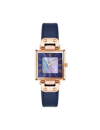 Anne Klein Considered Solar Square Strap Watch Leather Navy / Rose / Gold | ESGVG29000