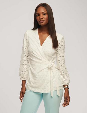 Anne Klein Dot Lace Blouson Sleeve Wrap Top Tops White | USGND50468