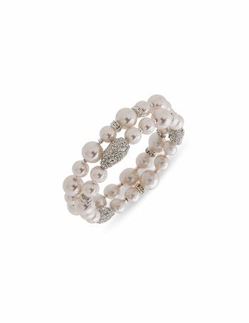 Anne Klein Faux Pearl & Crystal Nuggets Stretch Bracelet Silver | SSGVO65786