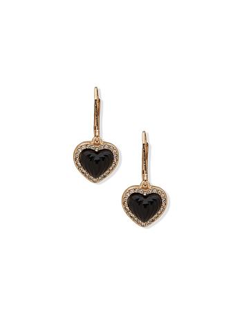 Anne Klein Heart Drop Jet Pierced Earrings Gold | SGEGJ43453