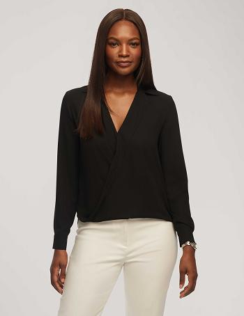 Anne Klein Long Sleeve Crossover Blouse With Collar Tops Black | MSGFT51265