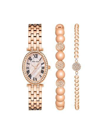 Anne Klein Oval Watch and Bracelet Set with Premium Crystals Metals Rose / Gold | SGJBT60257