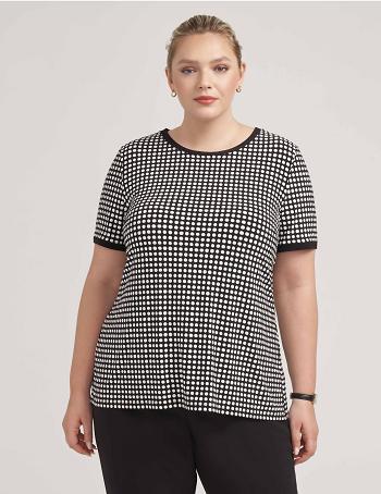 Anne Klein Plus Size Pearly Dot Print Ity Button Back Top Tops Black / White | ASGWC29473