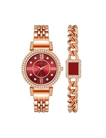 Anne Klein Premium Crystal Watch and Bracelet Sets Burgundy / Rose / Gold | SGNZX93529