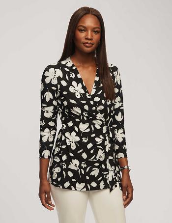 Anne Klein Printed 3/4 Sleeve Wrap Top Tops Black / White | SGNZX76054