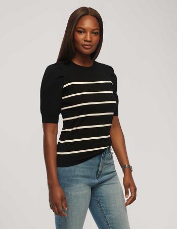 Anne Klein Short Puff Sleeve Crew Neck With Stripes Tops Black / White | LSGSX86761