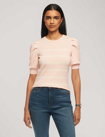 Anne Klein Short Puff Sleeve Crew Neck With Stripes Sweaters Pink / White | QSGWA77053