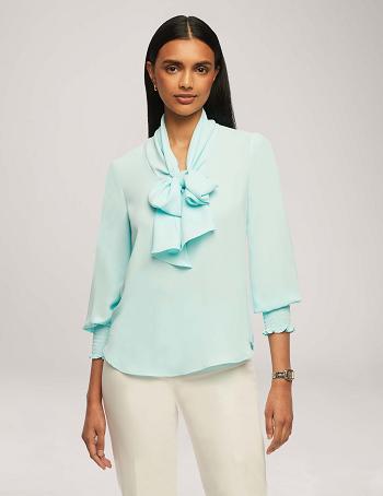 Anne Klein Smocked Cuff Bow Blouse Tops Blue | TSGPQ74240