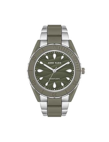 Anne Klein Solar Recycled Ocean Plastic Bracelet Watch Considered Silver / Olive / Green | SGJBT43786