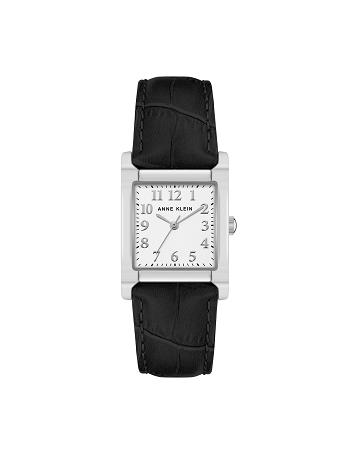 Anne Klein Square Case Leather Strap Watch Metals Black / Silver | SGQAV67095