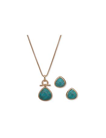 Anne Klein Tear Drop Pendant Necklace and Earring Set in Pouch Earrings Gold / Blue | SGJKU27624