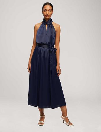 Anne Klein Twist Neck Halter Midi With Sash Dress Blue | USGND56547