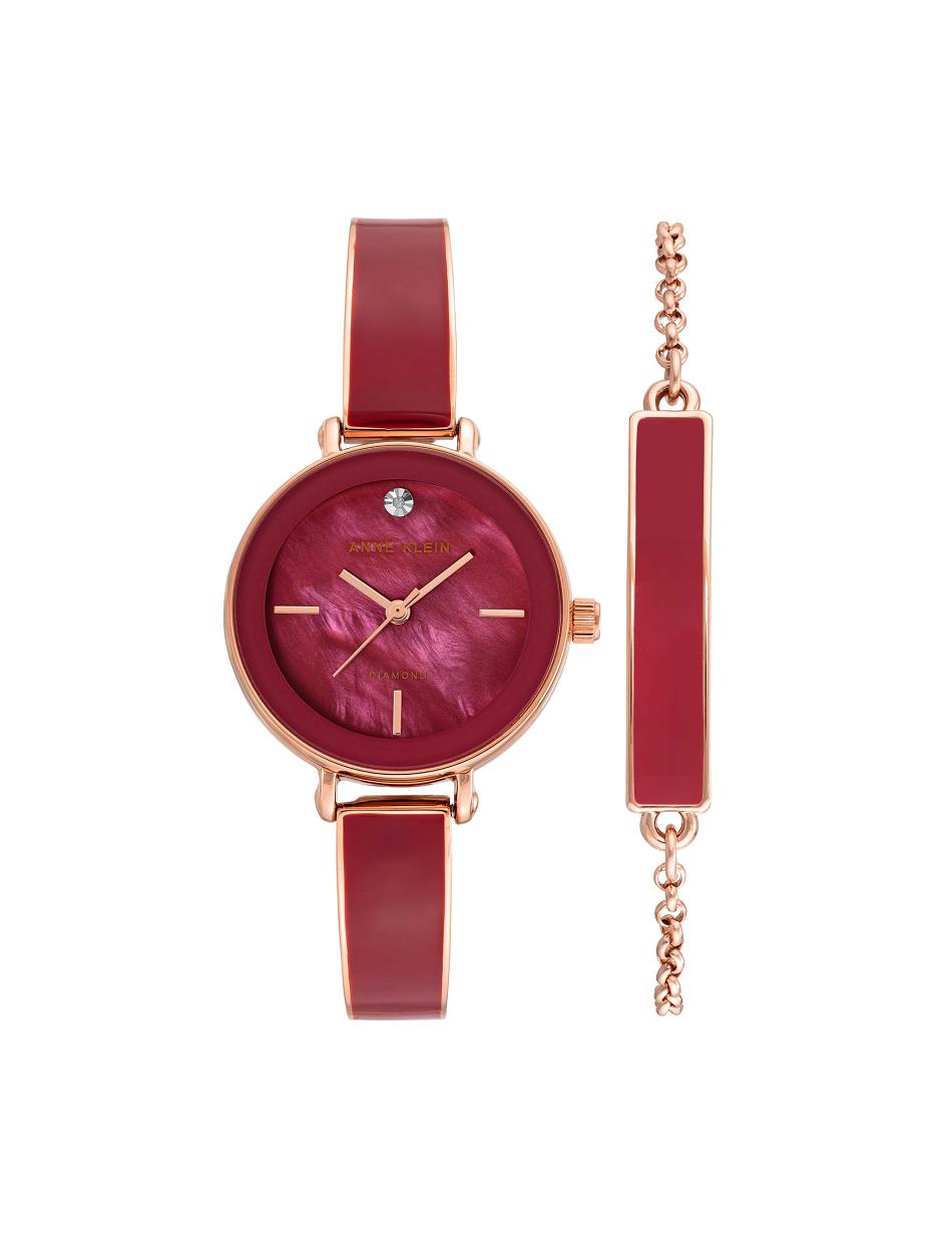 Anne Klein Bangle Watch With Bracelet Set Diamond Burgundy / Rose / Gold | SGIIZ28764