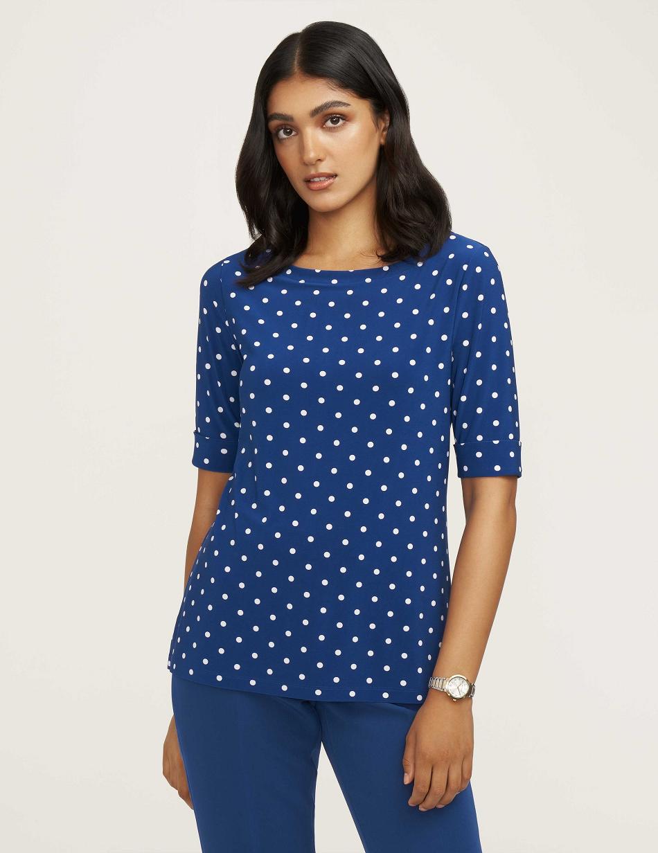 Anne Klein Beekman Dot Boatneck Tee- Clearance Tops Blue / White | SGJBT52678