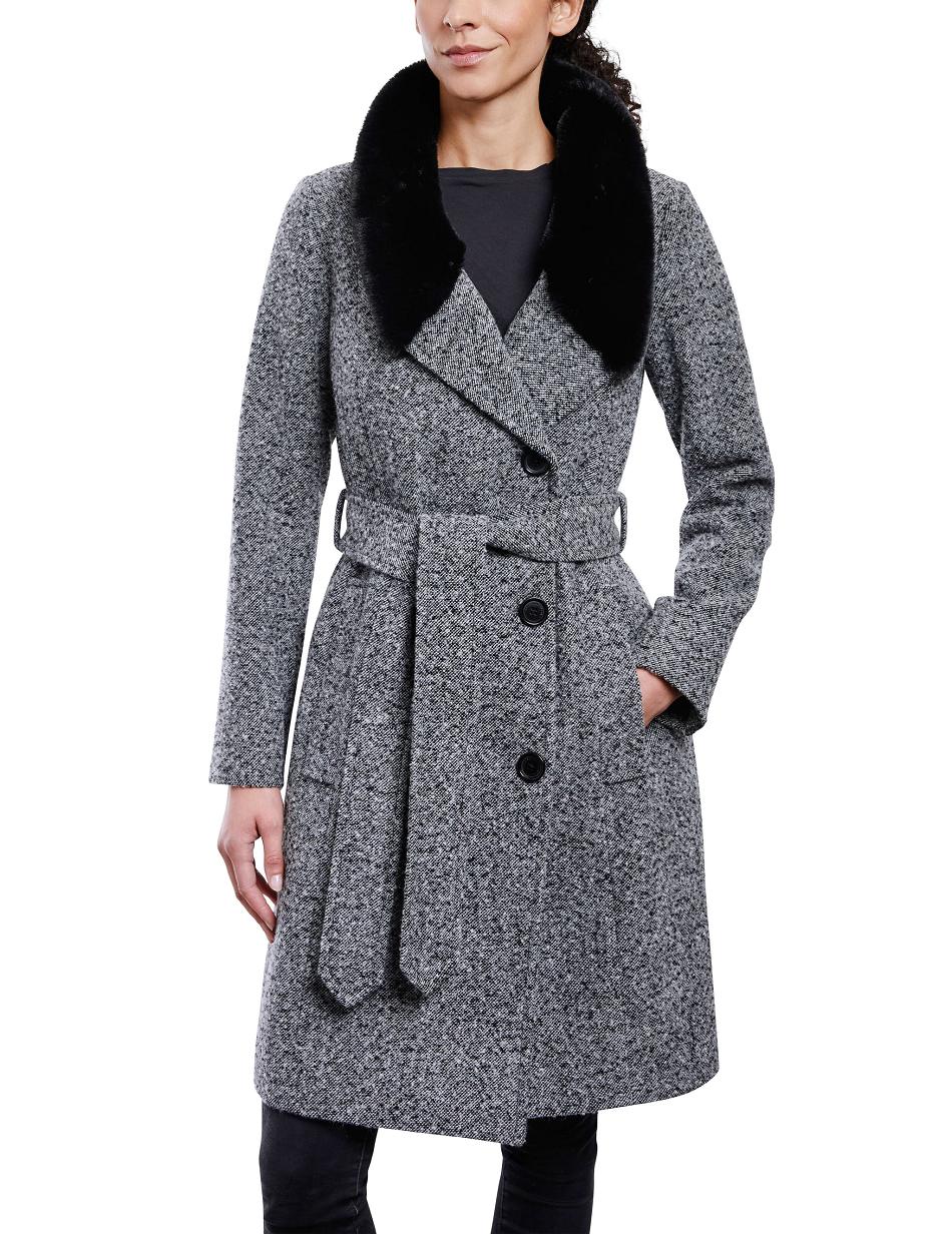 Anne Klein Belted Wrap Wool Coat With Fur Collar Outerwear Black / White | BSGSD90036