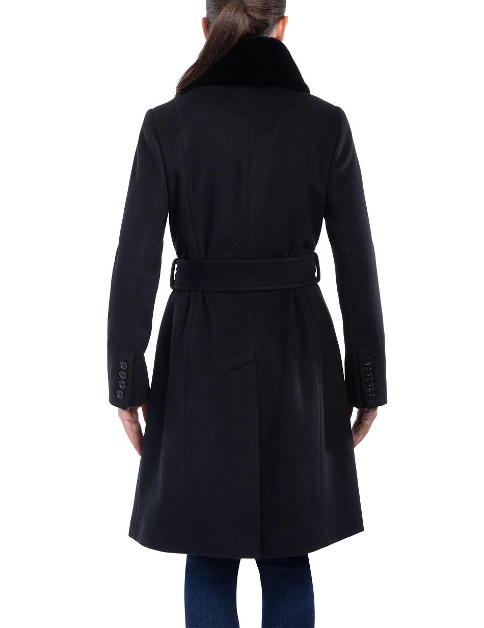 Anne Klein Belted Wrap Wool Coat With Fur Collar Outerwear Black | SSGVO74900