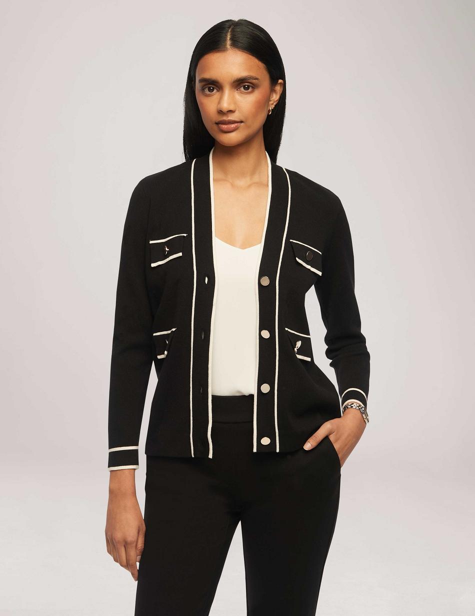 Anne Klein Cardigan With Tipped Pockets Sweaters Black / White | SSGNY80266