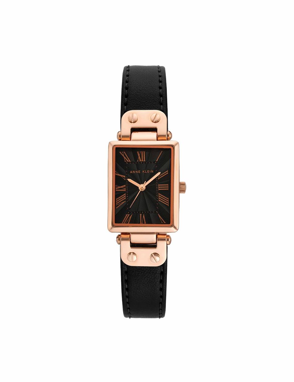 Anne Klein Case Leather Strap Watch Rectangular Black / Rose / Gold | ASGDF35169