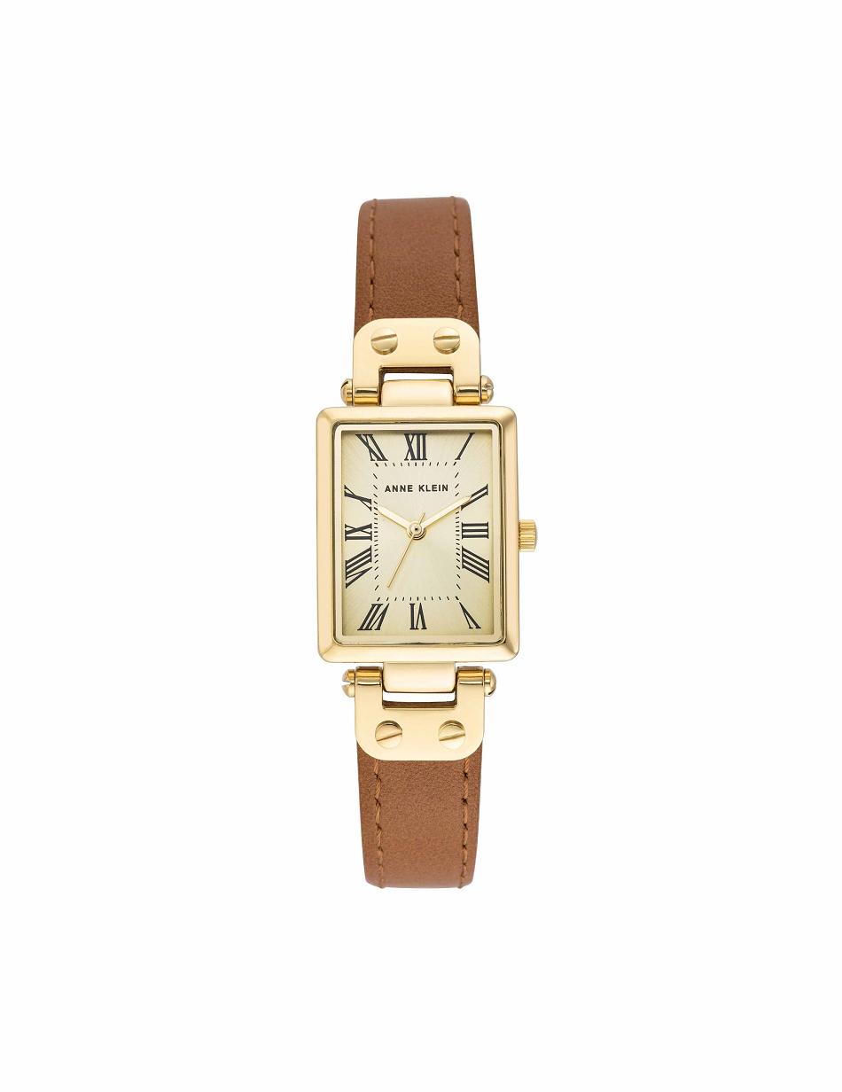 Anne Klein Case Leather Strap Watch Rectangular Brown / Gold | DSGVO38502