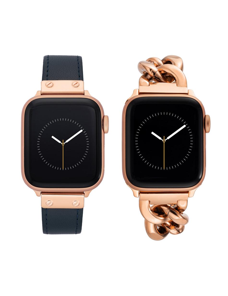 Anne Klein Chain Bracelet and Leather Band Set Apple Watch Accessories Navy / Rose / Gold | TSGPQ90001