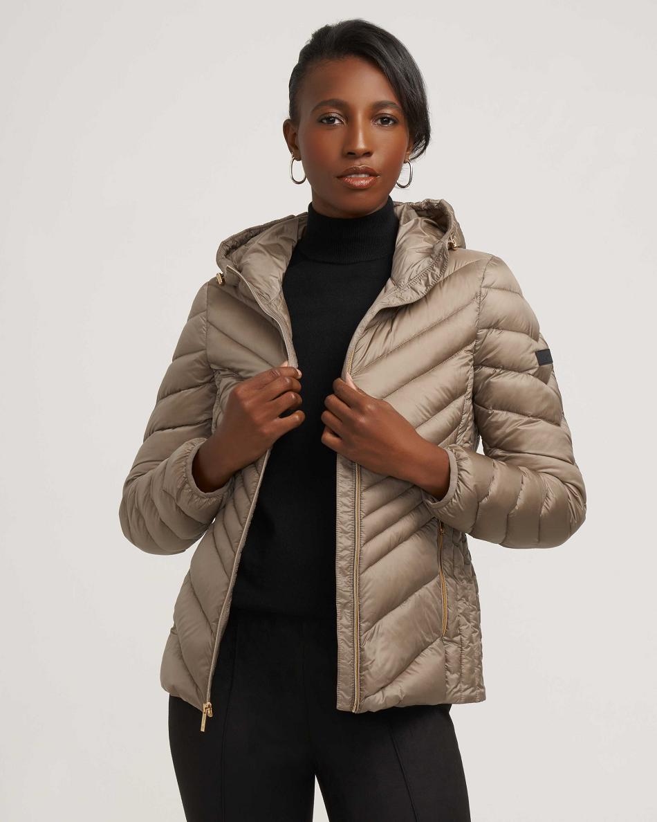 Anne Klein Chevron Packable Puffer Jacket Outerwear Grey Brown | LSGTR86228