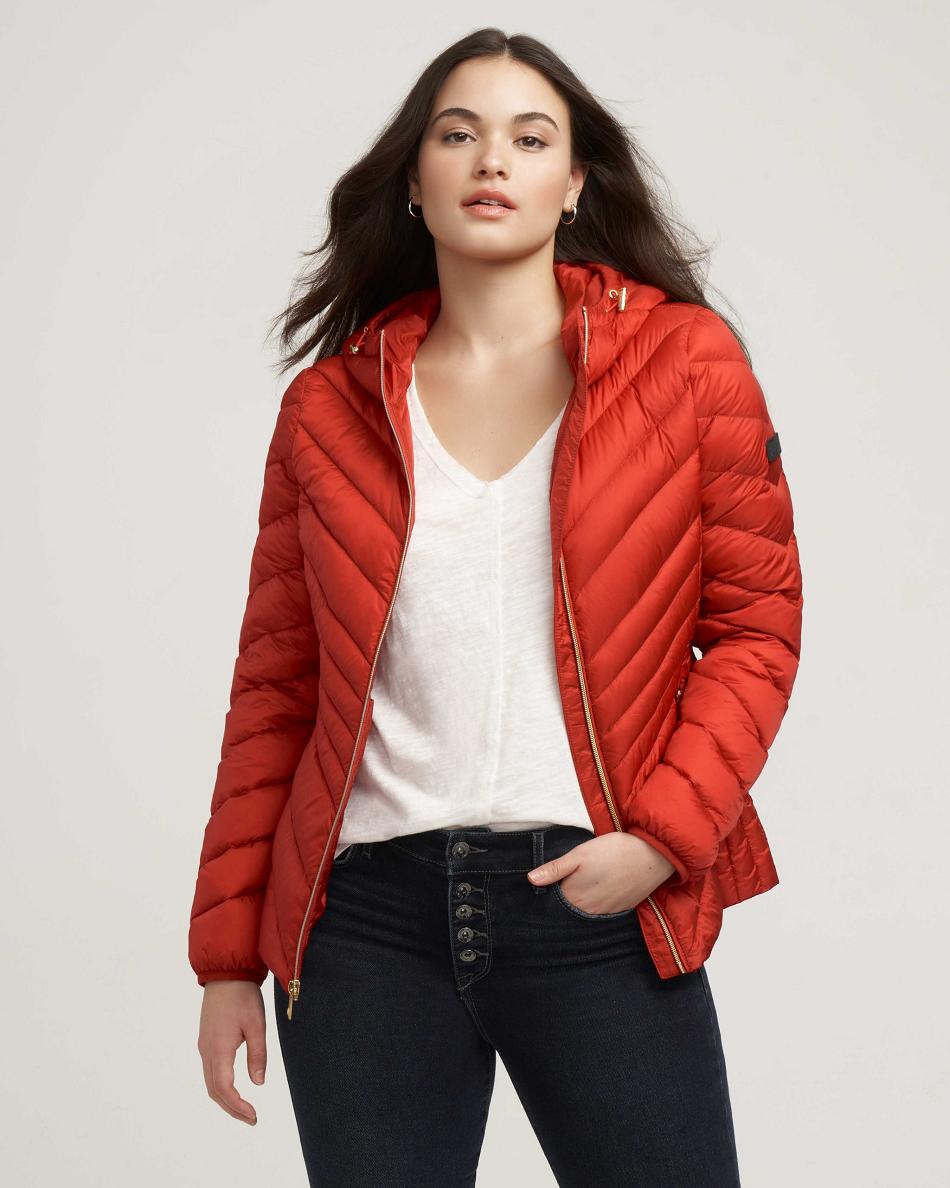 Anne Klein Chevron Packable Puffer Jacket Outerwear Red | ZSGNQ57017