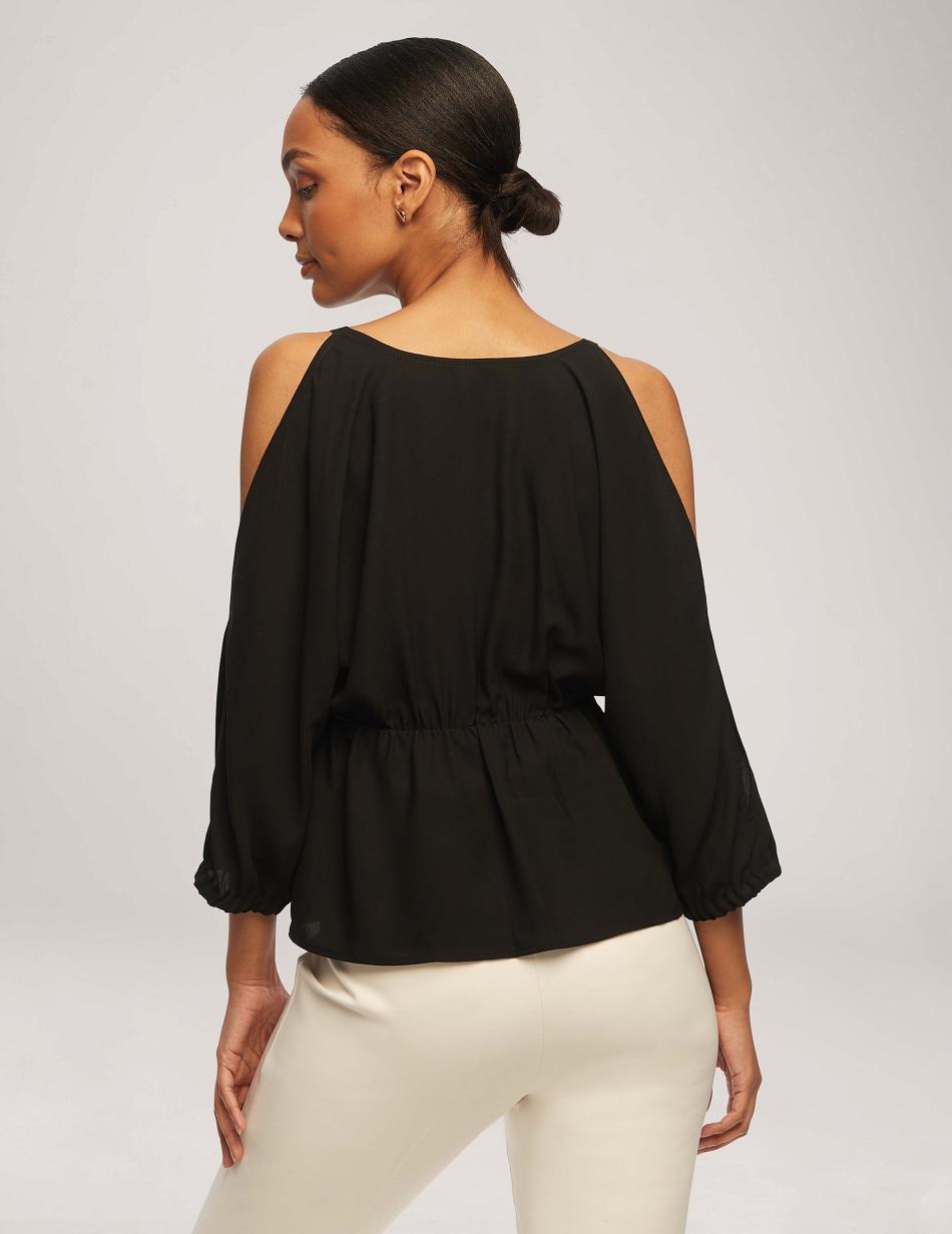 Anne Klein Cold Shoulder Crossover Peplum Blouse Tops Black | DSGVO98762