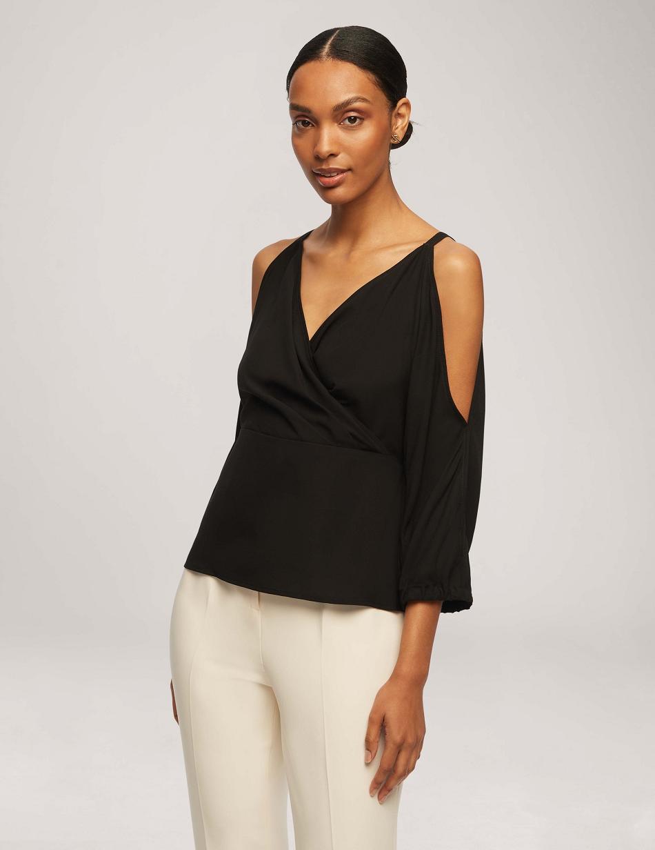 Anne Klein Cold Shoulder Crossover Peplum Blouse Tops Black | DSGVO98762