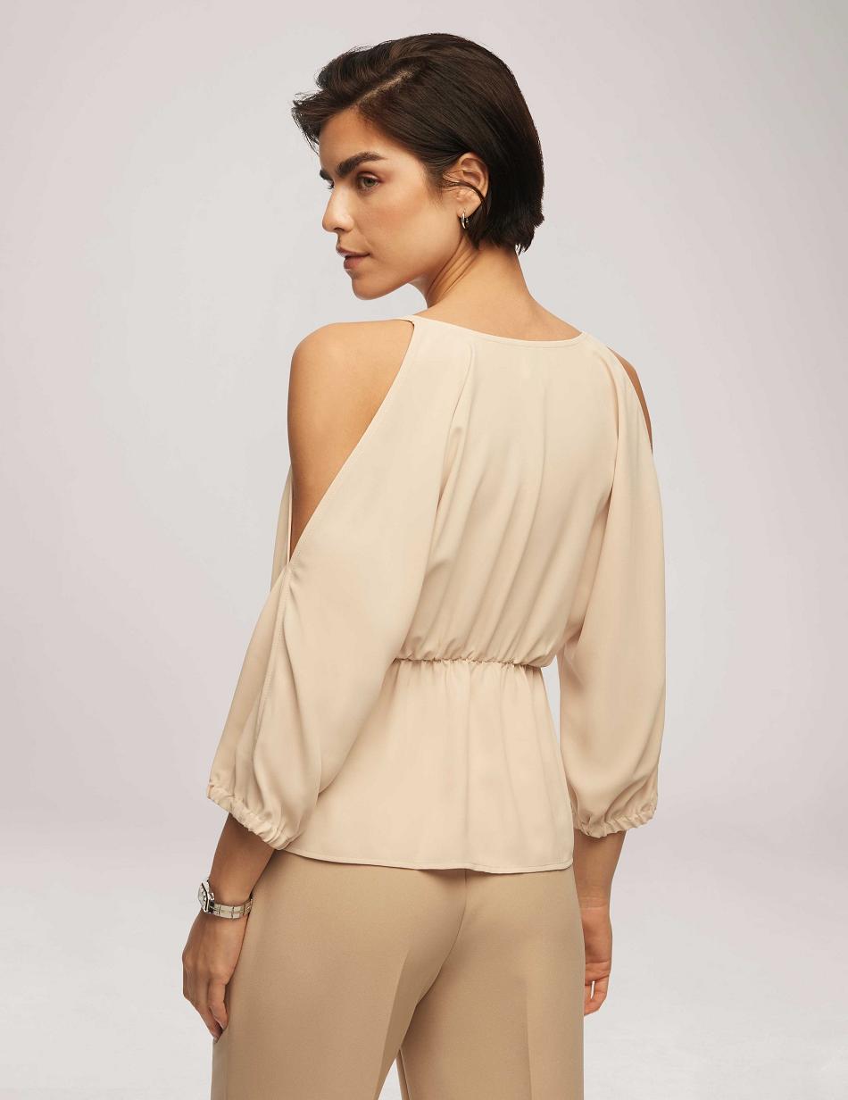 Anne Klein Cold Shoulder Crossover Peplum Blouse Tops Beige | SGZDE12909