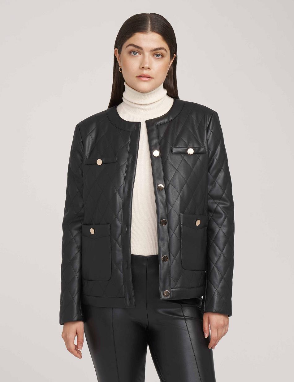 Anne Klein Collarless Vegan Leather Quilted Blazers Black | USGND96886