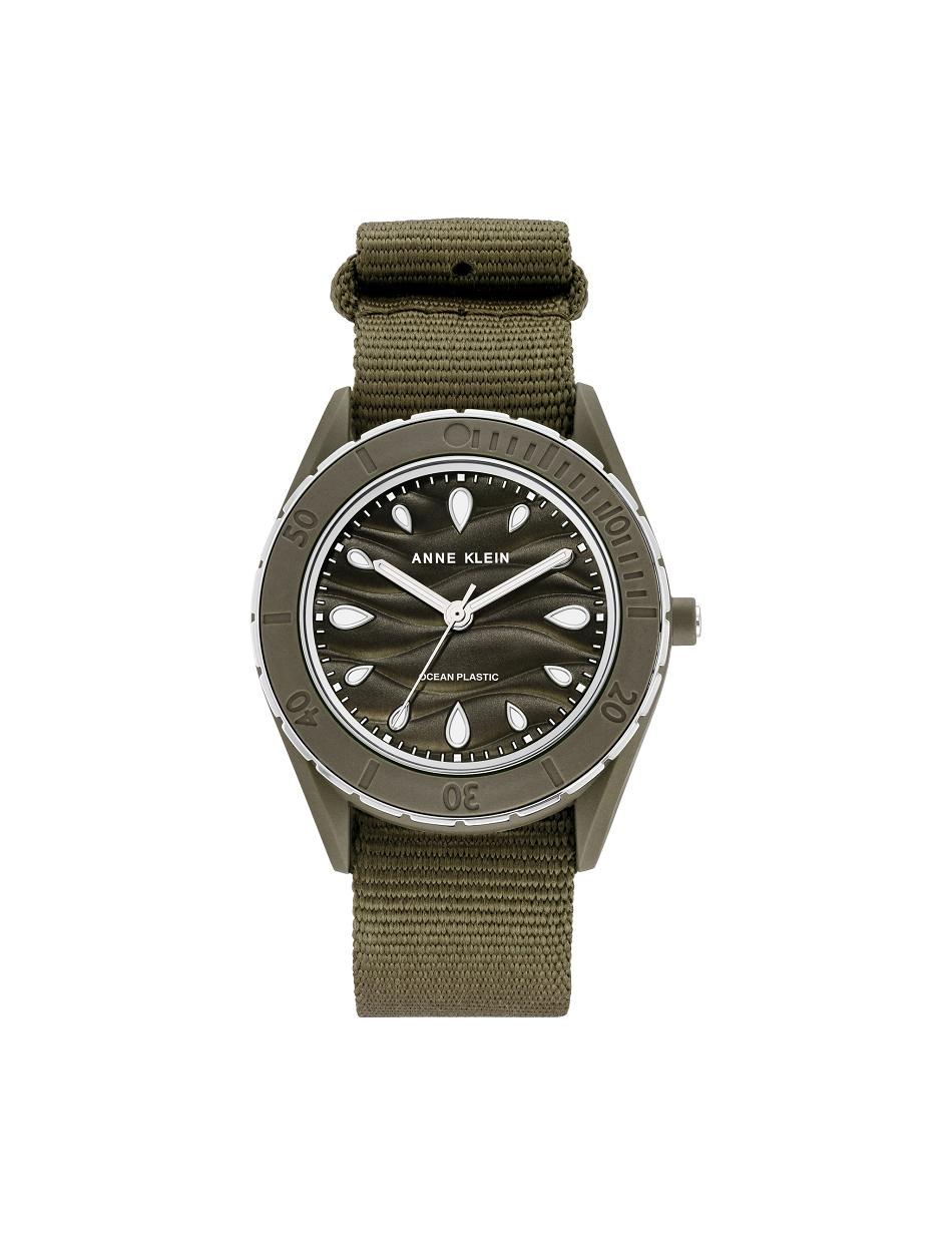 Anne Klein Considered Solar Recycled Woven Strap Ocean Plastic Watches Silver / Olive / Green | SSGNY68326