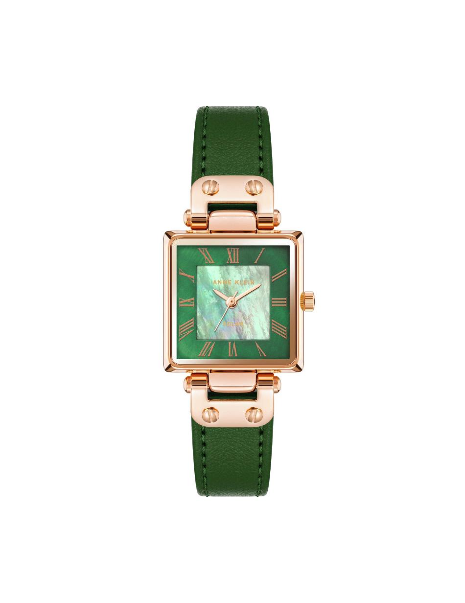 Anne Klein Considered Solar Square Leather Strap Watch Best Sellers Green / Rose / Gold | SGJZR54080