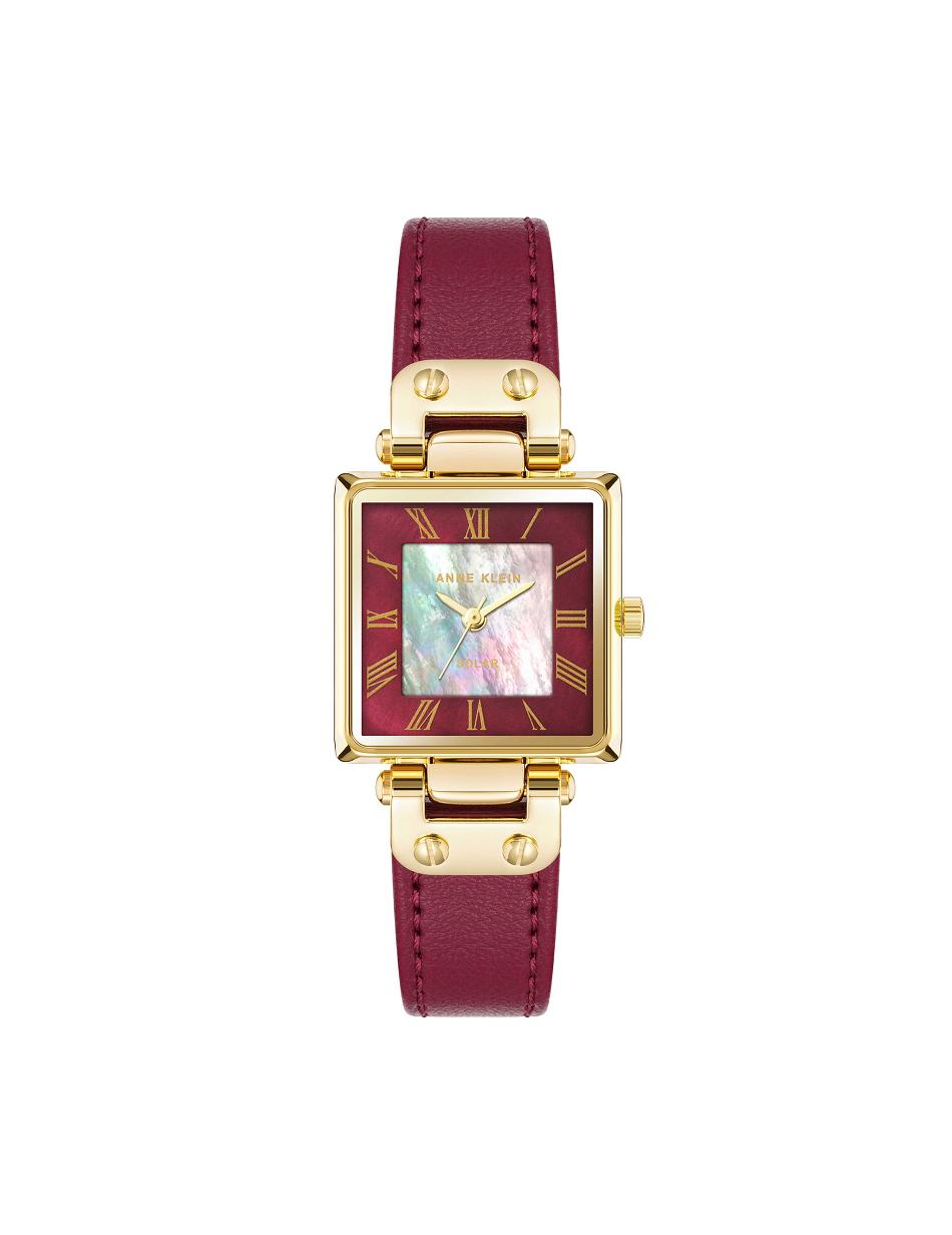 Anne Klein Considered Solar Square Strap Watch Leather Gold / Burgundy | SGEAH93945