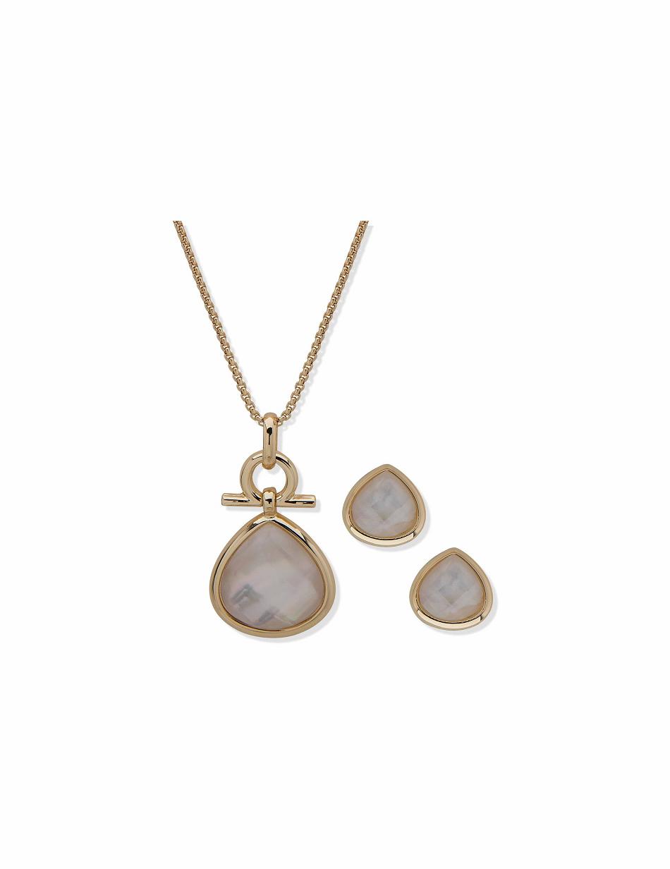 Anne Klein Faux Pearl Teardrop Earring & Necklace Set Jewelry Sets Gold | SSGVO12868