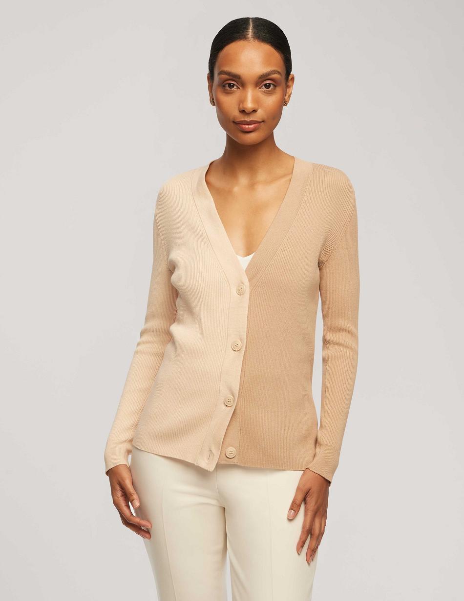 Anne Klein Half/Half Rib Cardigan Sweaters White / beige | USGTG92678