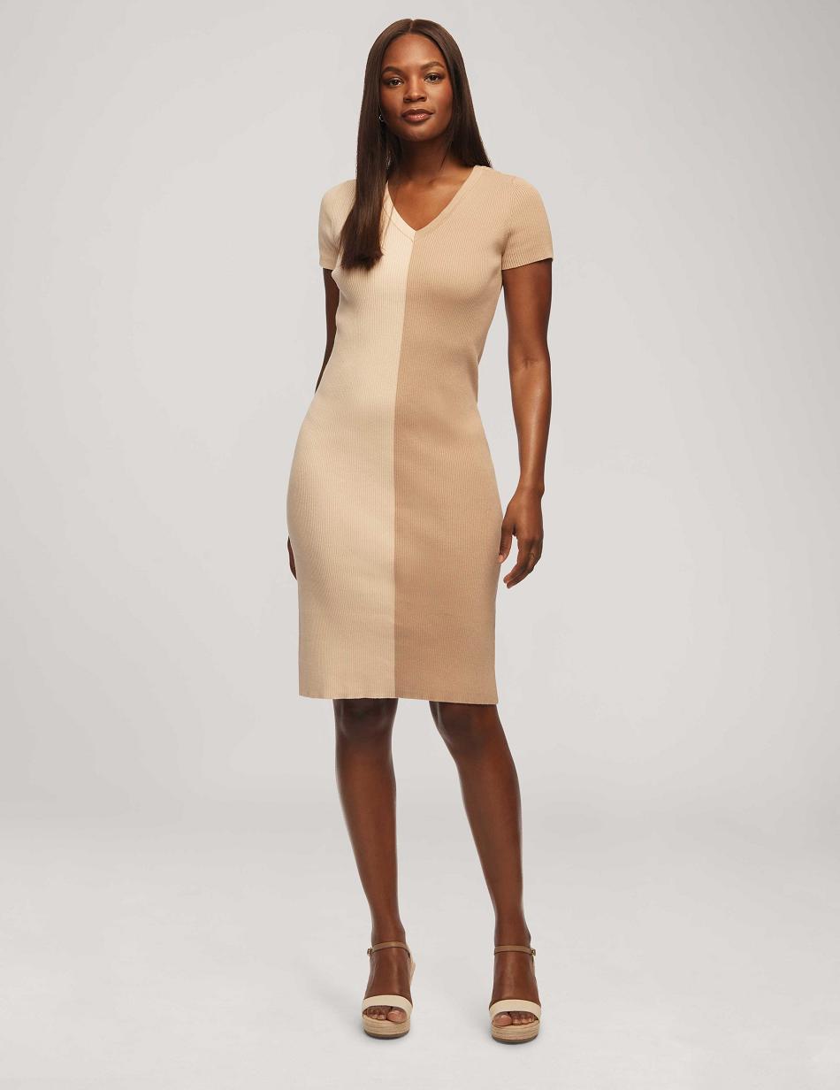 Anne Klein Half/Half Rib Sweater Dress Beige / White | SGCIF83612