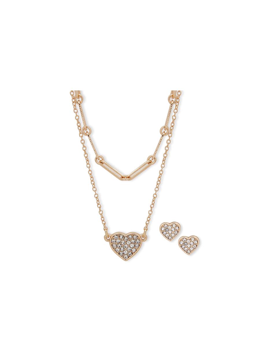 Anne Klein Heart Pendant Necklace and Earring Pouch Jewelry Sets Gold | DSGKV42672