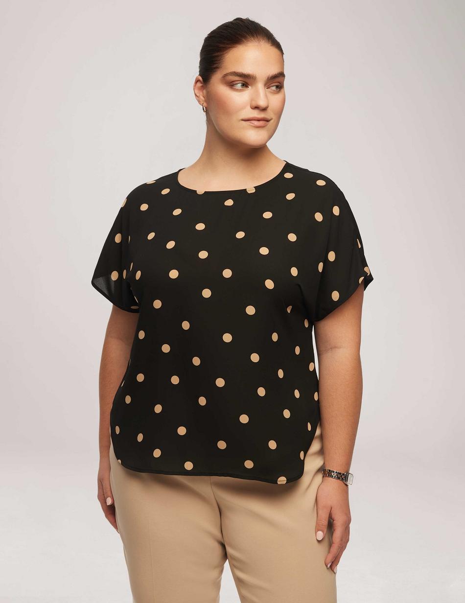 Anne Klein Large Dot Bateau Neck Short Sleeve Blouse Plus Size Black | ASGDF58484